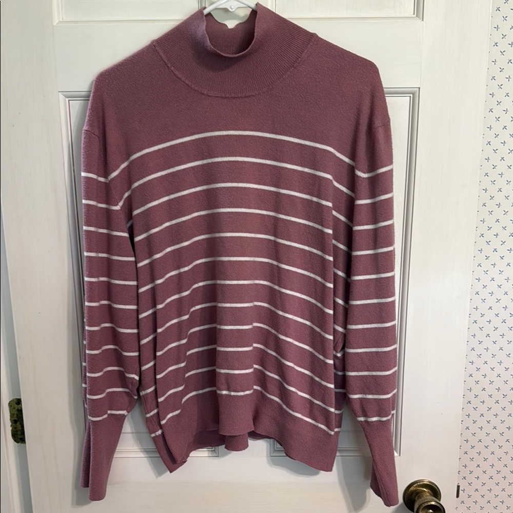 Mauve and White Striped Cowl Turtleneck Sweater